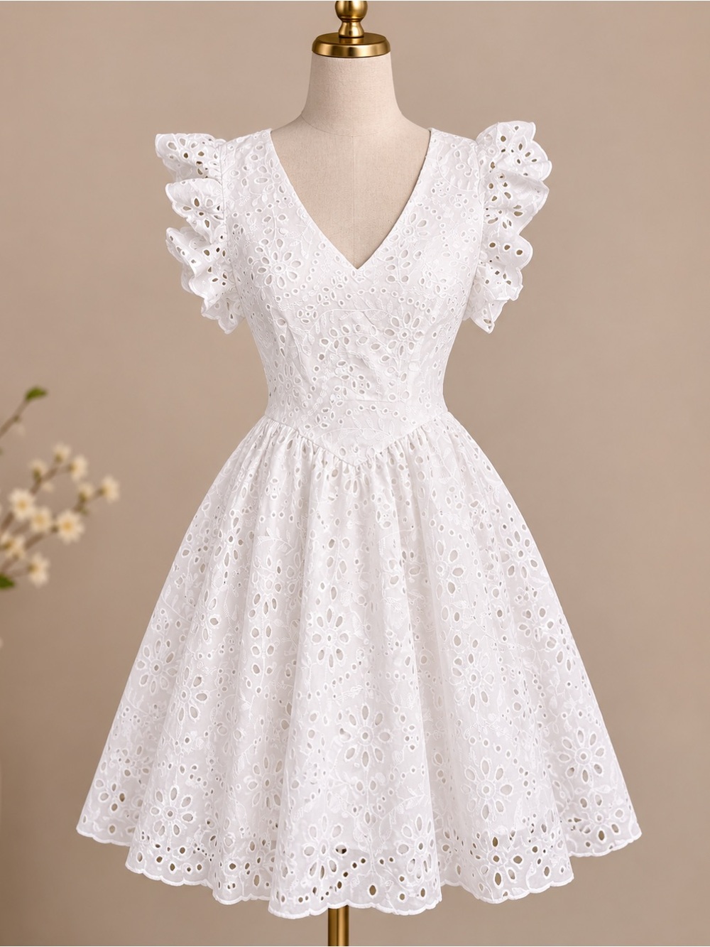 Women’s White Eyelet V-Neck Dress with Ruffle Sleeves